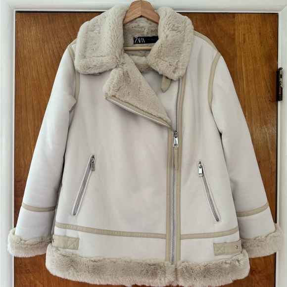 Zara Cream Faux Fur Moto Jacket - Picture 2 of 14